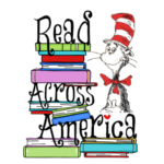 Illustration of the Cat in the Hat with a stack of books to celebrate Read Across America