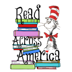 Illustration of the Cat in the Hat with a stack of books to celebrate Read Across America