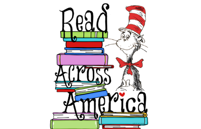 Illustration of the Cat in the Hat with a stack of books to celebrate Read Across America