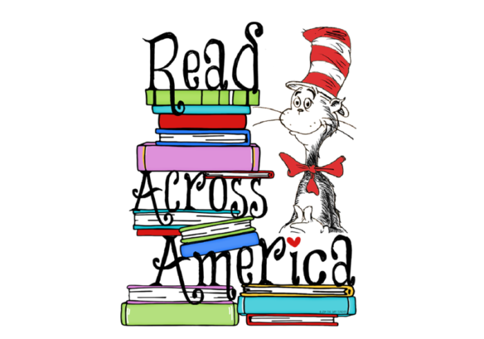 Illustration of the Cat in the Hat with a stack of books to celebrate Read Across America