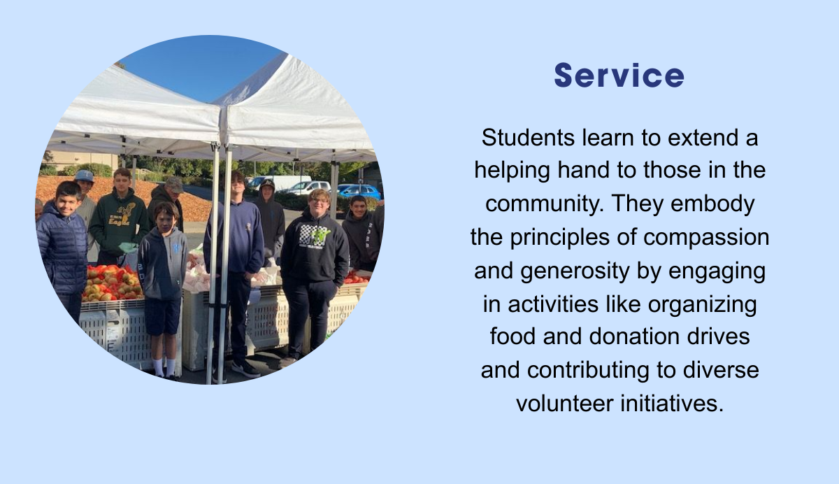 Service: Students learn to extend a helping hand to those in the community. They embody the principles of compassion and generosity by engaging in activities like organizing food and donation drives and contributing to diverse volunteer initiatives.