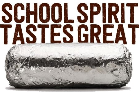 photo of a delicious burrito with the text School Spirit Tastes Great