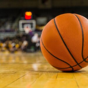 photo of a basketball on the court